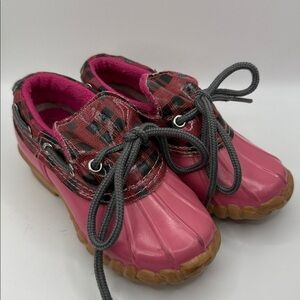 Pink Plaid “Duckie” Duck Boots with Gray Laces Size 10M